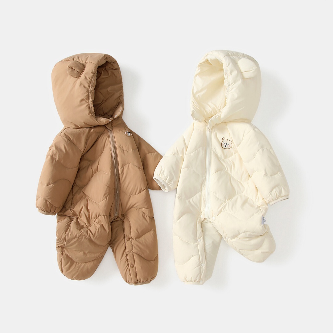 Baby Solid Color Cartoon Print Hooded Down Jumpsuit