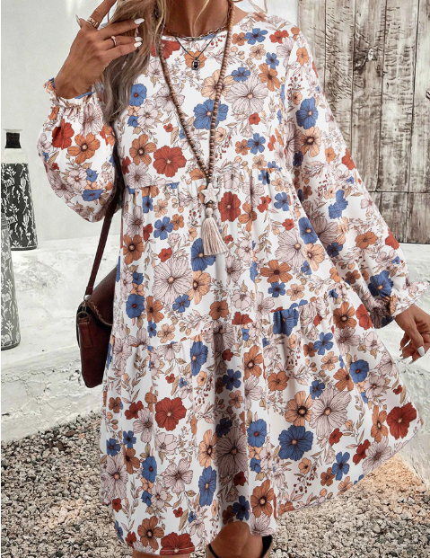 Khaki Cascading Floral Round neck Ruffled Long sleeve Dress Khaki - Shop at LoveMi