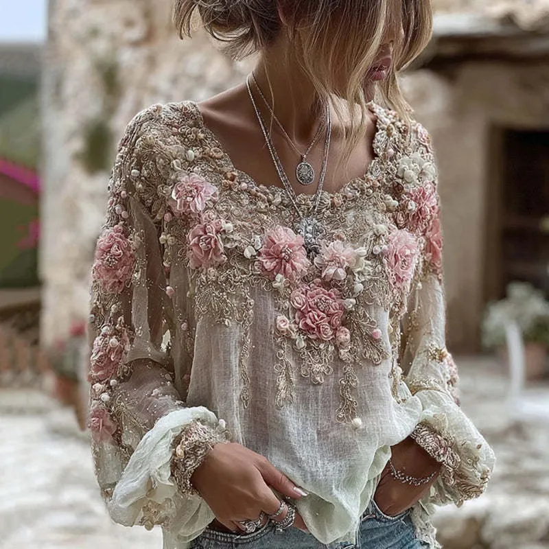 Printed Women's Round Neck Long Sleeve Vintage Bohemian Top - Sjwct026-Xxxxl