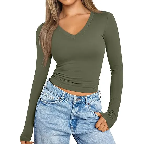 Women's Fashionable Simple V neck Long sleeved Slim fit All match T shirt Top Army Green - Shop at LoveMi
