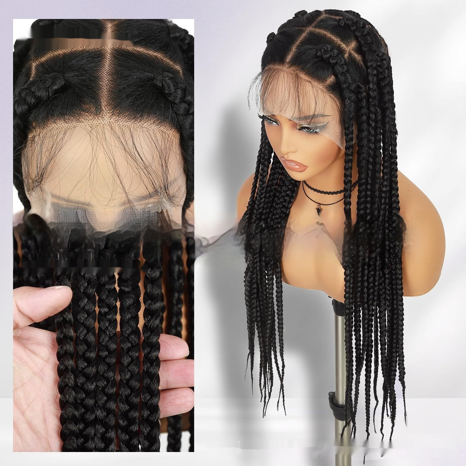 Hand-woven Full Lace Synthetic Fiber Three-strand Braid Wig Cap 3
