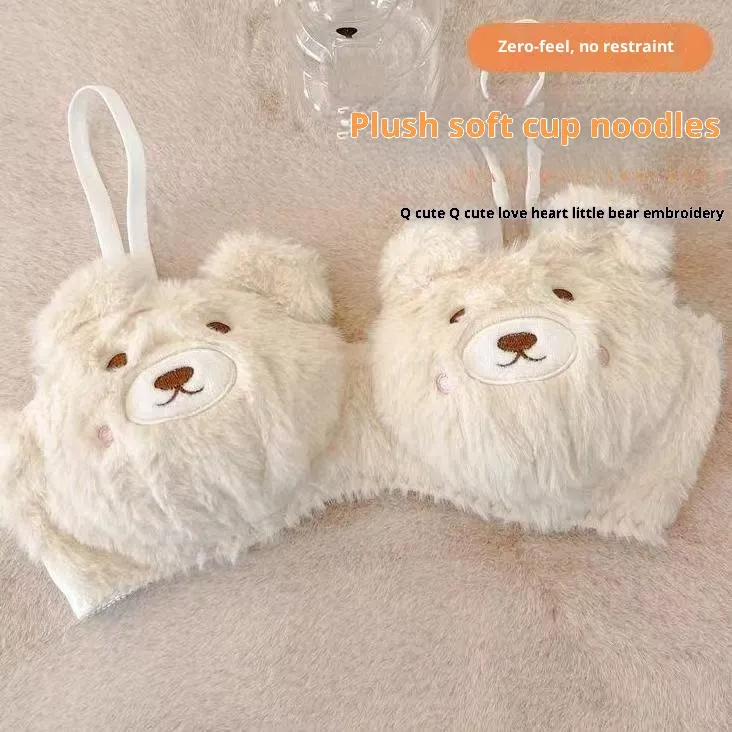 Lady Cartoon Plush Bear Bra Set - White