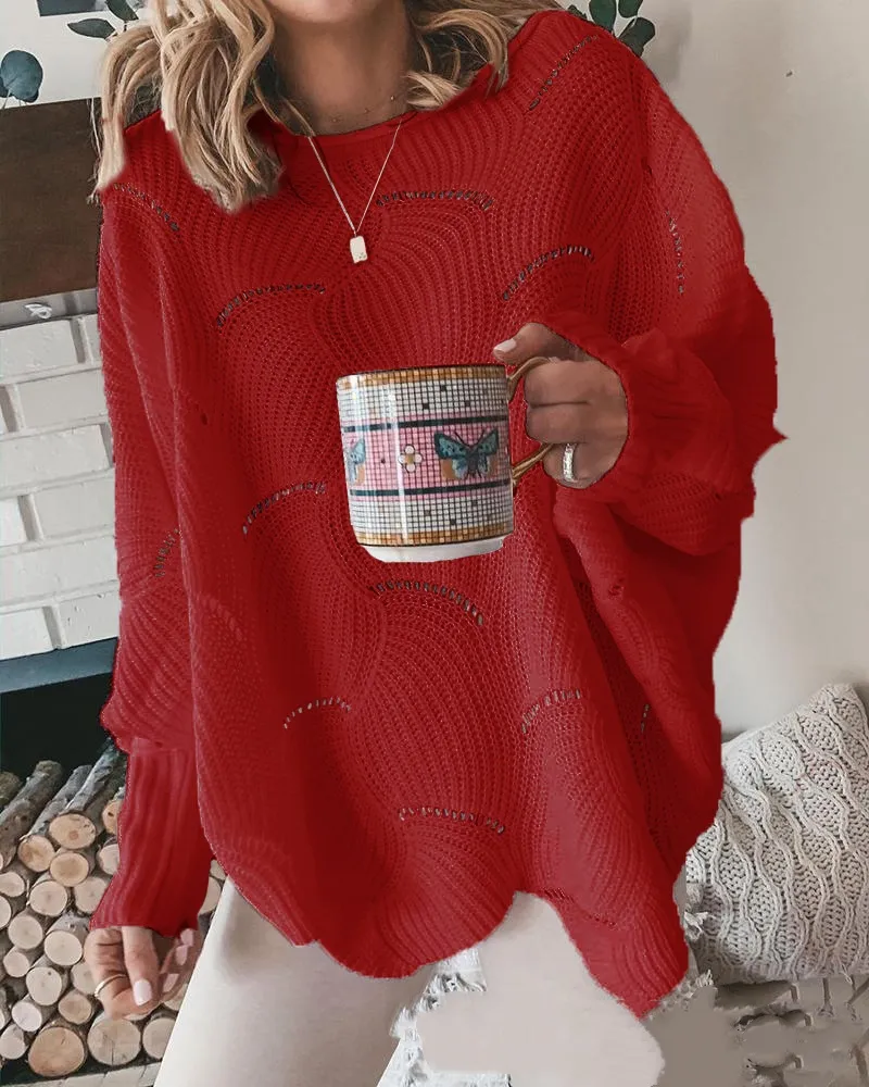 European And American Leisure Fashion Plus Size Hollow-out Hook Flower Loose Solid Color Sweater - Red