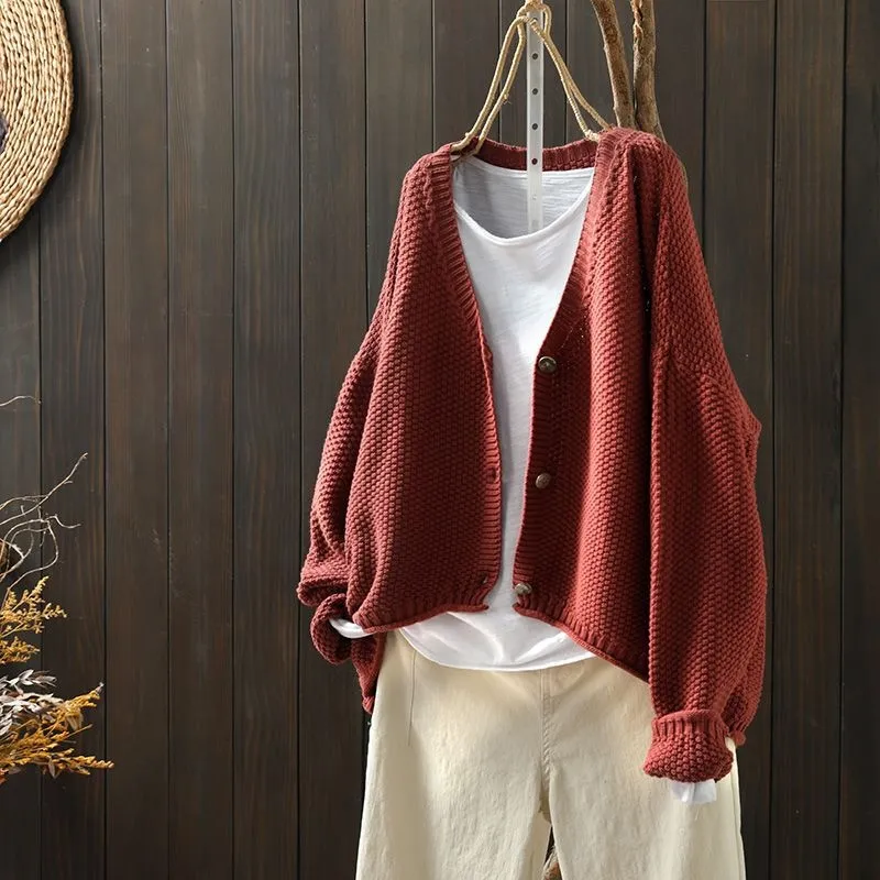 Cross-border Early Autumn New Casual Versatile Solid Color V-neck Long-sleeved Single-breasted Knitted Cardigan Sweater - Rust Red