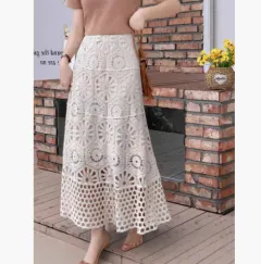 French Retro Hollow Knitted Big Hem Skirt - A Line Maxi Skirt Apricot - View 1