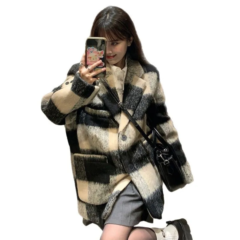 Plaid Suit Wool Coat Women's Retro Thick Loose - Black