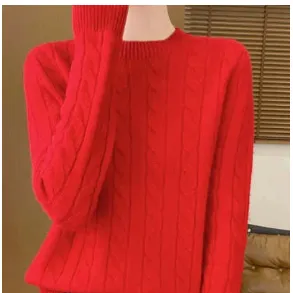 Twist Round Neck Thickened Woolen Pullover Base Sweater Red - Shop at LoveMi