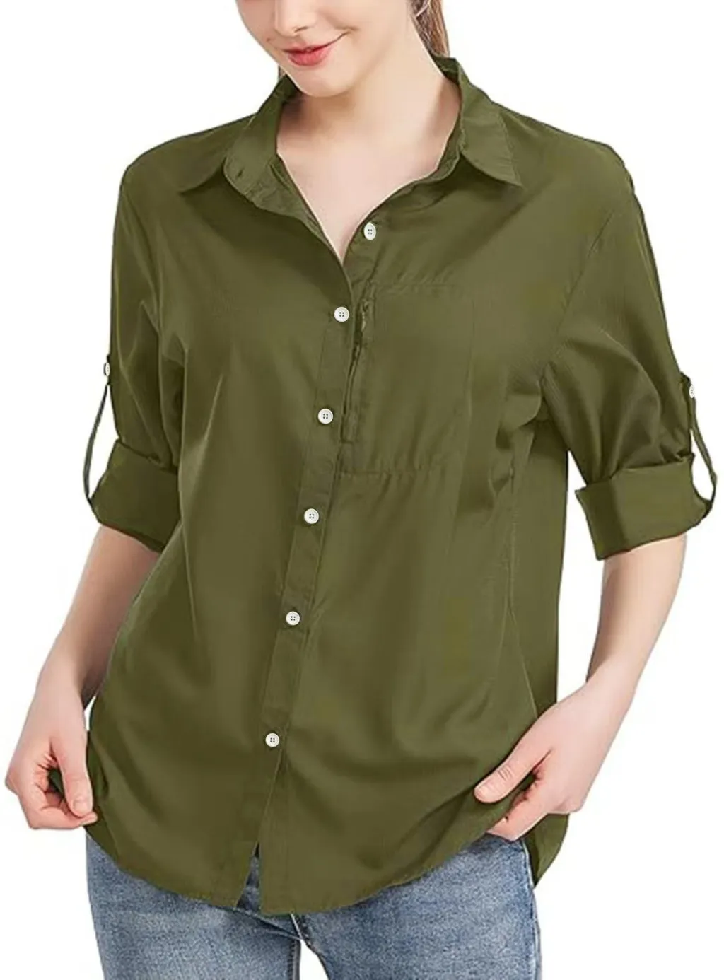 Women's Solid Colour Business Lapel Zipper Pocket Long Sleeve Shirt - Green