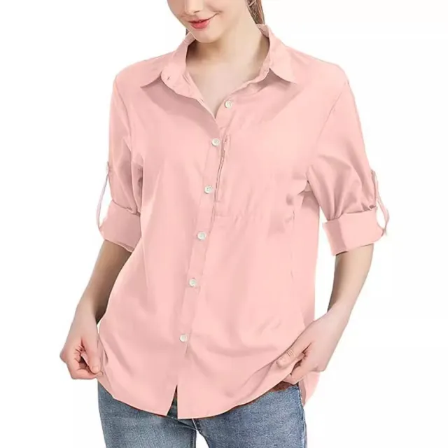 Women's Solid Color Business Lapel Zipper Pocket Long Sleeve Shirt Pink - Shop at LoveMi