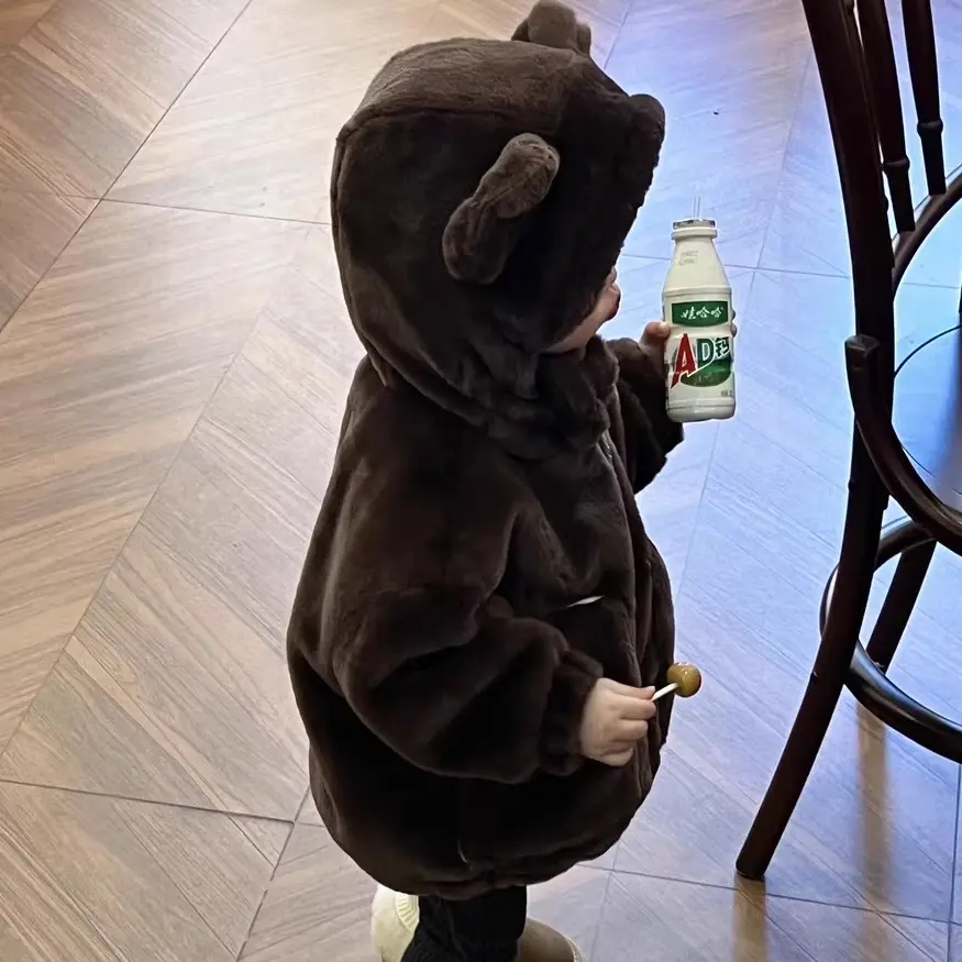 Bear Hooded Plush Cotton-padded Coat Thickened Warm Mid-length Jacket