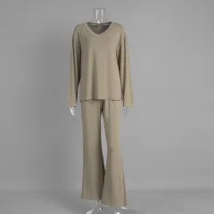 Long Sleeve Pajama Set Women's Loungewear - Khaki - View 1
