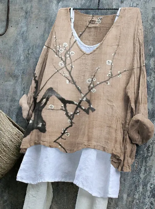 Women's Basic Solid Color Plum Blossom Japanese Art Linen Blend Tunic Khaki - Shop at LoveMi