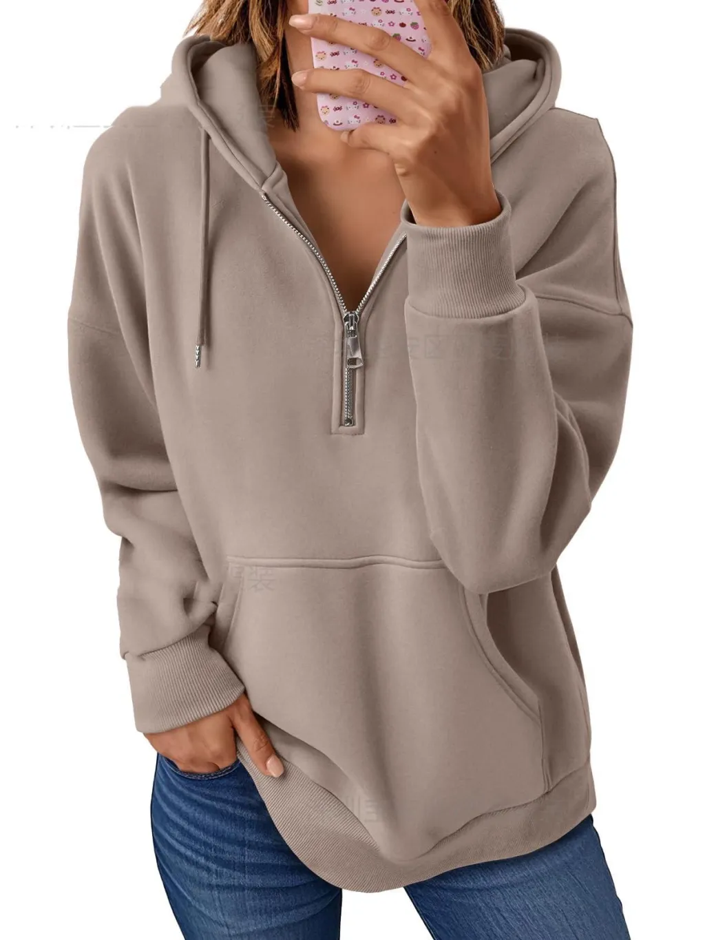 Zip Pocket Solid Color Hooded Sweatshirt - Khaki
