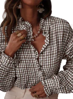 French Lace V-neck Shirt For Women With Grid Pattern - Khaki - View 1