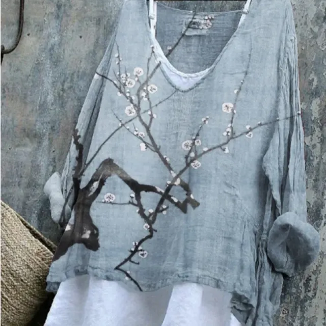Women's Basic Solid Color Plum Blossom Japanese Art Linen Blend Tunic Blue - Shop at LoveMi