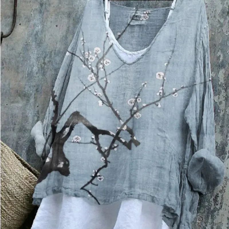 Women's Basic Solid Color Plum Blossom Japanese Art Linen Blend Tunic - Blue