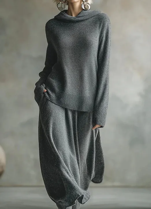 Women's Solid Color Long Sleeve Loose Hooded Top High Waist Casual A Line Skirt Set Grey - Shop at LoveMi