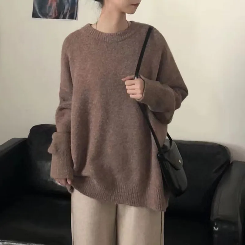 Round Neck Soft Glutinous Sweater Loose Thick - Dark Khaki