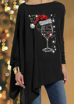 Sparkling Christmas Wine Glasses Printed Mid-Length Irregular Women's Tops - Black - View 1