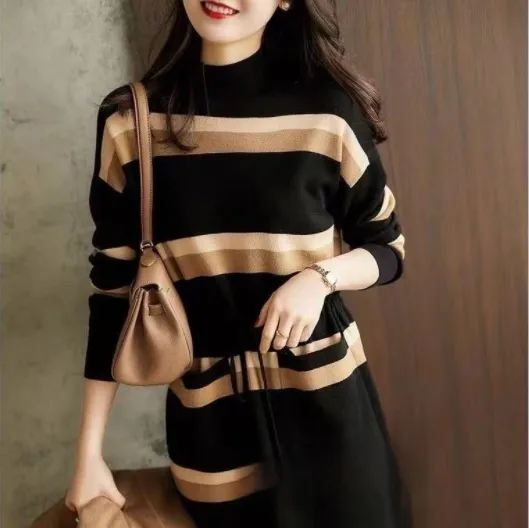 Temperament Waist-slimming Age-reducing Slimming Long-sleeve Striped Dress For Women