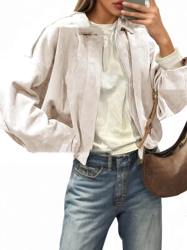 Fashion Pilot Zip up Jacket Top Beige Apricot - Shop at LoveMi
