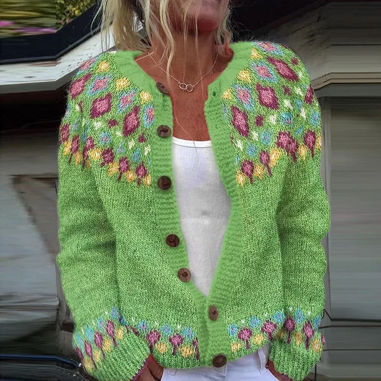 Cardigan Color-blocked Loose-fitting Fashionable Knitwear - 8722Green