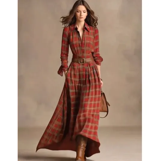 Elegant Long sleeve Fashion Plaid Shirt Collar Dress Red - Shop at LoveMi