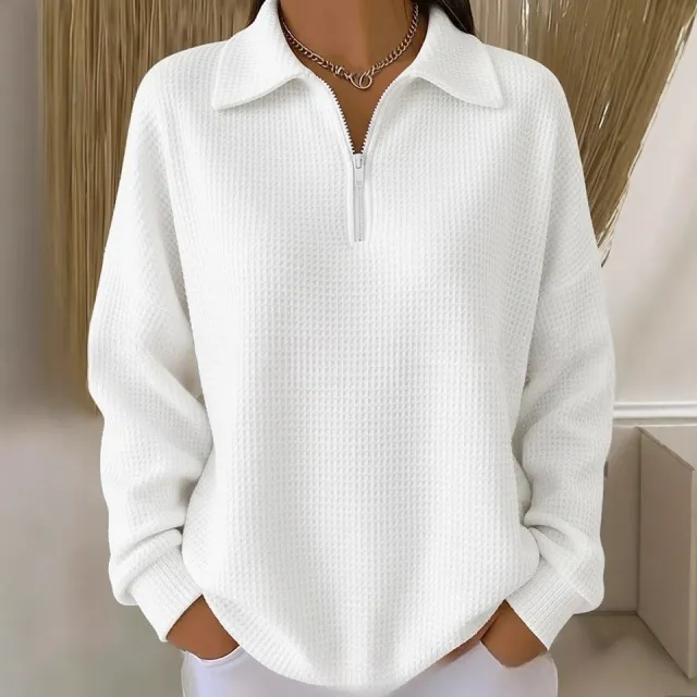 Turn down Collar Pullover Drop Shoulder Half zip Waffle Long Sleeve Women's POLO Top White - Shop at LoveMi