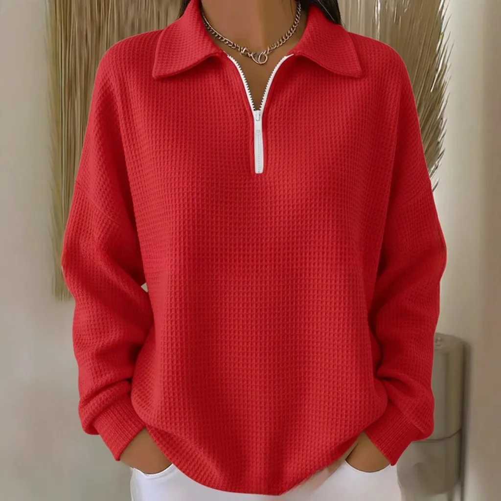 Turn-down Collar Pullover Drop Shoulder Half-zip Waffle Long Sleeve Women's POLO Top - Red