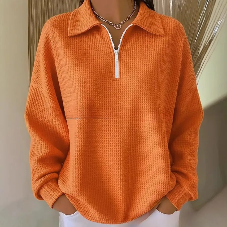 Turn-down Collar Pullover Drop Shoulder Half-zip Waffle Long Sleeve Women's POLO Top - Orange Red