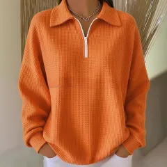Turn-down Collar Pullover Drop Shoulder Half-zip Waffle Long Sleeve Women's POLO Top - Orange Red - View 1