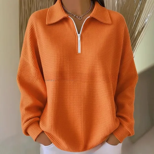 Turn down Collar Pullover Drop Shoulder Half zip Waffle Long Sleeve Women's POLO Top Orange Red - Shop at LoveMi