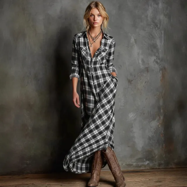 Casual Long Sleeve Lapel Plaid Long Dress Black And White - Shop at LoveMi