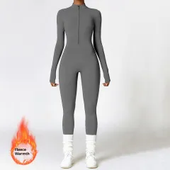 Winter Fleece-lined Yoga Jumpsuit Long Sleeve Warm - Gray2 - View 1