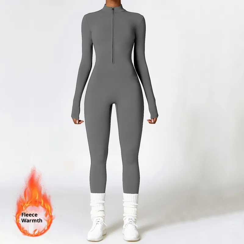 Winter Fleece-lined Yoga Jumpsuit Long Sleeve Warm - Gray2