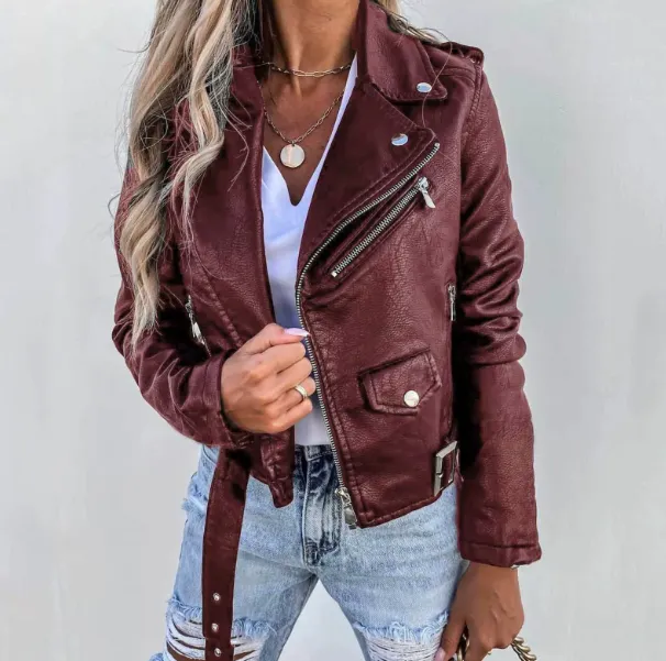 Jacket Top PU Leather Coat Short Zipper - Red