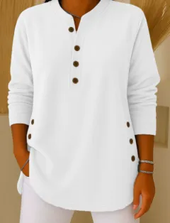 Solid Color Loose Casual V-neck Button Long-sleeved Women Blouse T-shirt - White - View 1