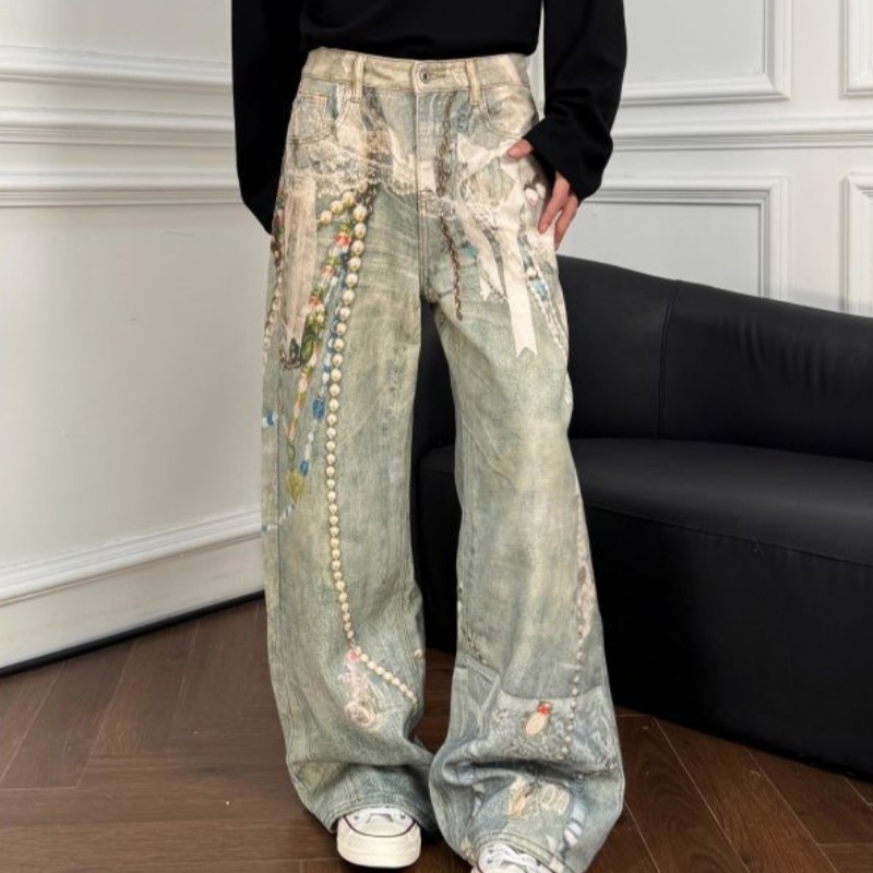 Pearl Lace Jeans Street Straight Loose Casual