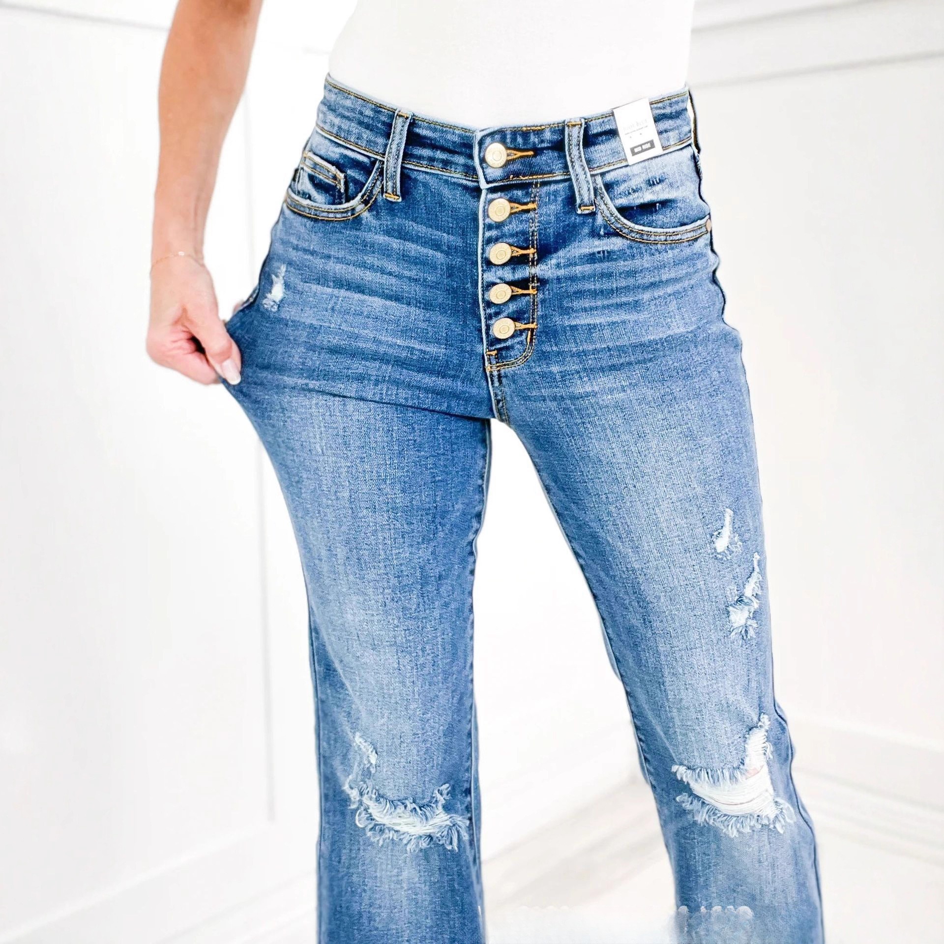Hole Ripped High Waist Stretch Retro Slim Flare Jeans