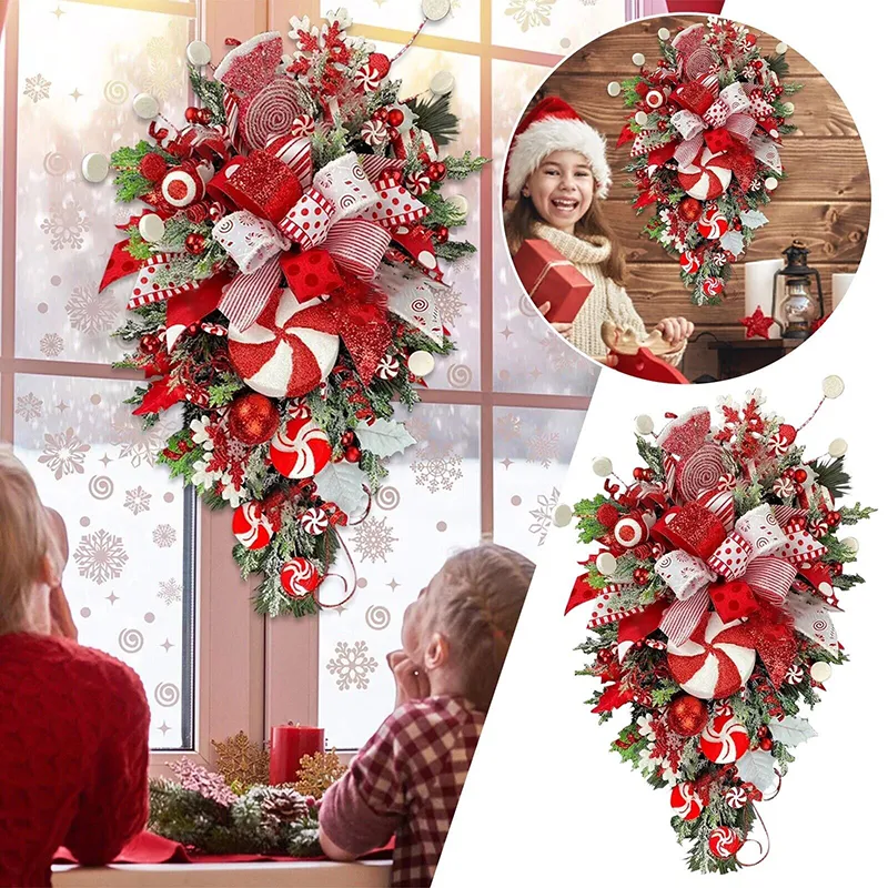 Christmas Wreath Candy Upside Down Tree Garland Artificial Xmas Ornament Hpme Porch Window Door Wall Hanging Decoration