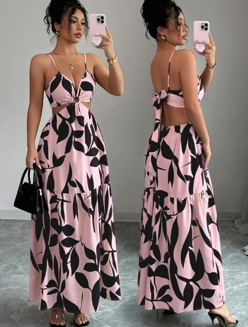 Women's Summer New Spaghetti Strap Dress With Cinched Waist & Random Floral Print Pink - Shop at LoveMi