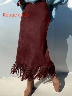 Women's Fashionable Elegant Long Suede Skirt Comfortable Slim Fit - Rouge Color - View 1