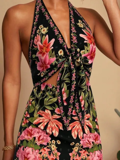 Women's Floral Knot Front Halter Backless Vacation Dress - Black