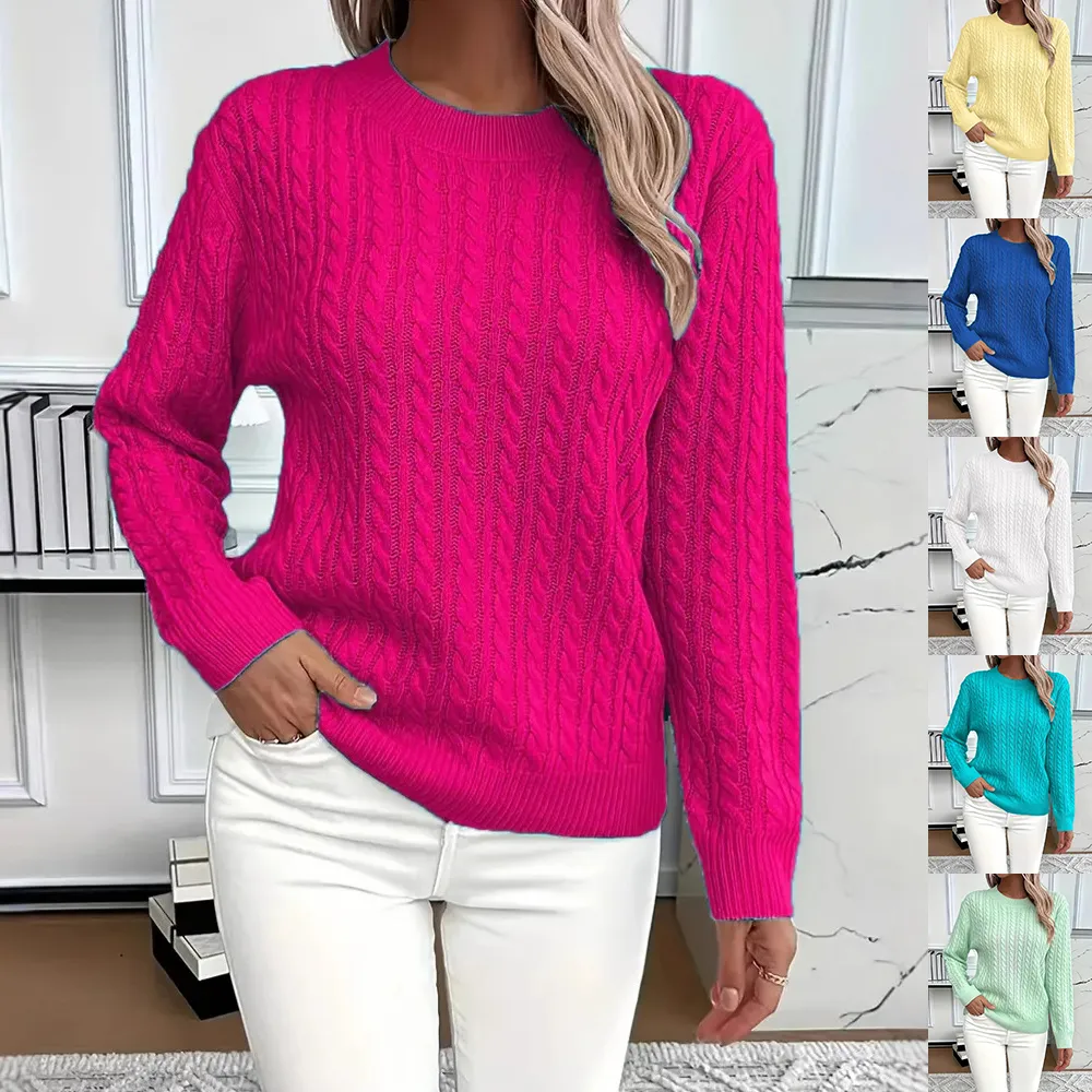 Ins Twist Round Neck Pullover Sweater Fashion Solid Color Long-sleeved Knitted Top For Women