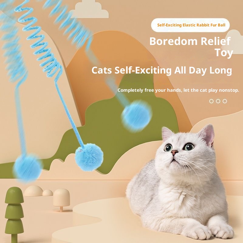 Cat Toy Suction Cup Spring Rabbit Fur Ball Retractable Elastic Rope Bite-Resistant Self-Entertainment Interactive Cat Teaser Pet Supplies