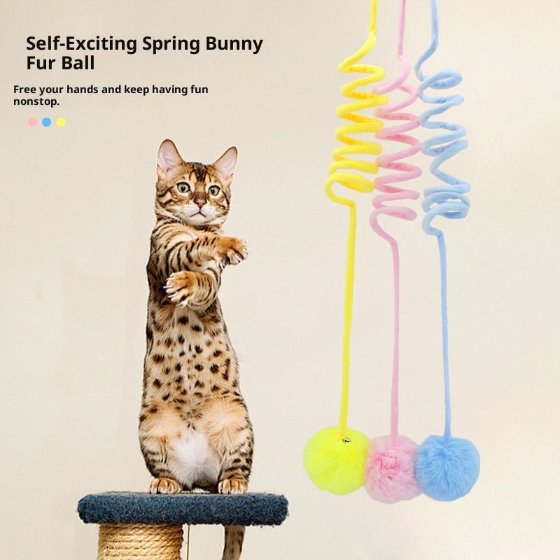 Cat Toy Suction Cup Spring Rabbit Fur Ball Retractable Elastic Rope Bite-Resistant Self-Entertainment Interactive Cat Teaser Pet Supplies