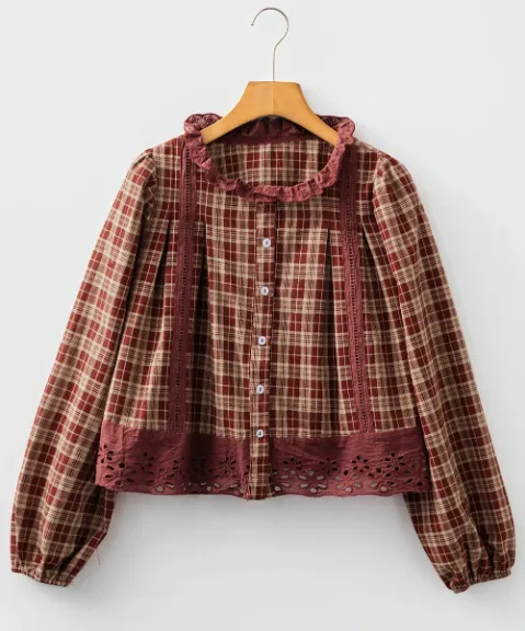 Red Dahlia Check Hollow Lace Edge Button Loose Long Sleeve Shirt Red Dahlia - Shop at LoveMi