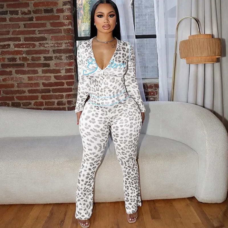 Leopard Print High Waist Tight Trousers Suit - White