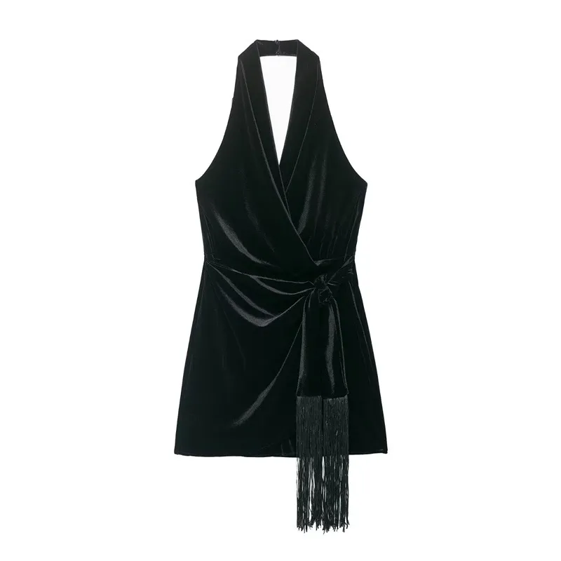 Women's Fringe-trimmed Velvet Short Dress - Black