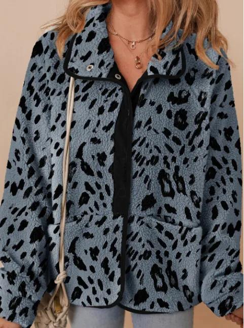 Multicolour Plaid Print Buttoned Stand Collar Fleece Jacket Blue - Shop at LoveMi